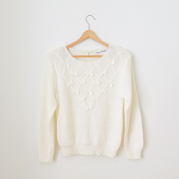 Vintage Cream Cable Knit Sweater with Bows and Pearls Size Large Coquette Girly - Picture 5 of 14